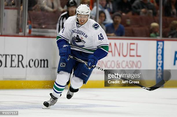 Alexandre Bolduc of the Vancouver Canucks skates against the Anaheim Ducks during a preseason game at the Honda Center on September 17, 2009 in...