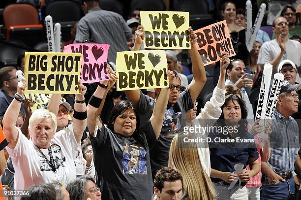 San Antonio Silver Stars fans show their support for Becky Hammon in Game One of the Western Conference Semifinals against the Phoenix Mercury during...