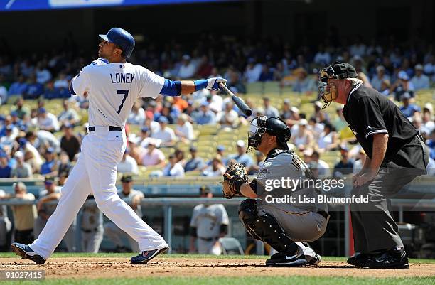 James Loney of the Los Angeles Dodgers at bat against the Pittsburgh Pirates at Dodger Stadium on September 16, 2009 in Los Angeles, California.