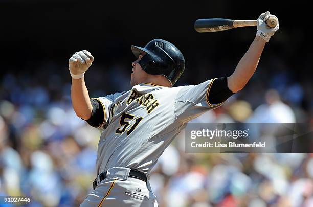 Steve Pearce of the Pittsburgh Pirates hits a RBI single in the second inning against the Los Angeles Dodgers at Dodger Stadium on September 16, 2009...