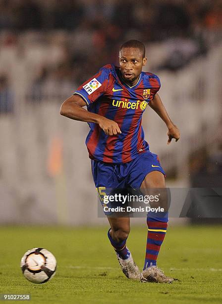 Seydou Keita of Barcelona is shown in action during the La Liga match between Racing Santander and Barcelona at El Sardinero stadium on September 22,...