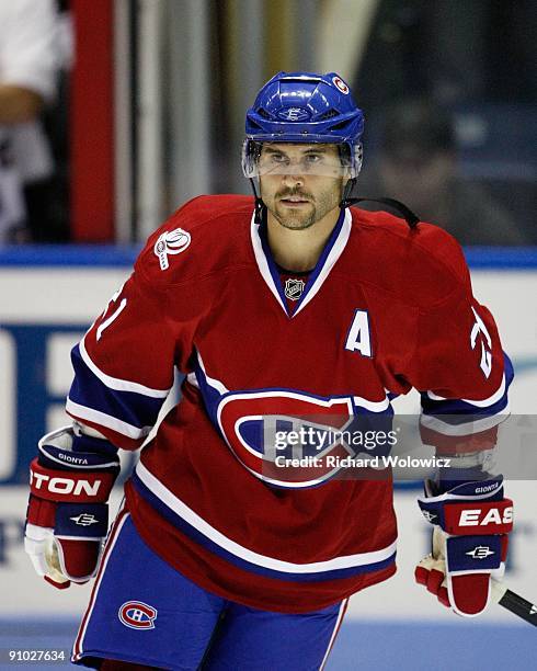 Brian Gionta of the Montreal Canadiens skates prior to NHL Preseason game against the Boston Bruins on September 20, 2009 at the Colisee Pepsi in...