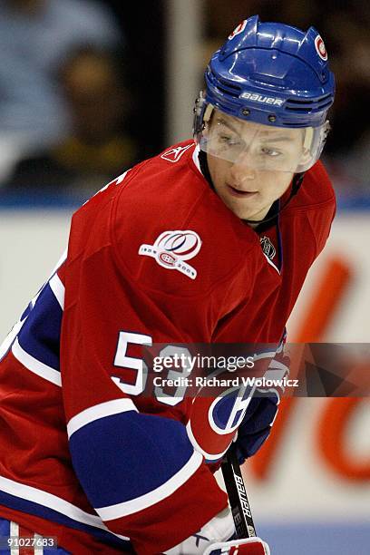 Ryan White of the Montreal Canadiens skates prior to NHL Preseason game against the Boston Bruins on September 20, 2009 at the Colisee Pepsi in...