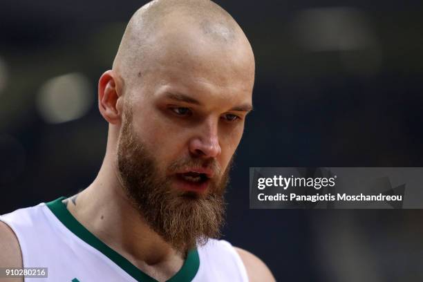 Antanas Kavaliauskas, #44 of Zalgiris Kaunas react during the 2017/2018 Turkish Airlines EuroLeague Regular Season Round 20 game between...