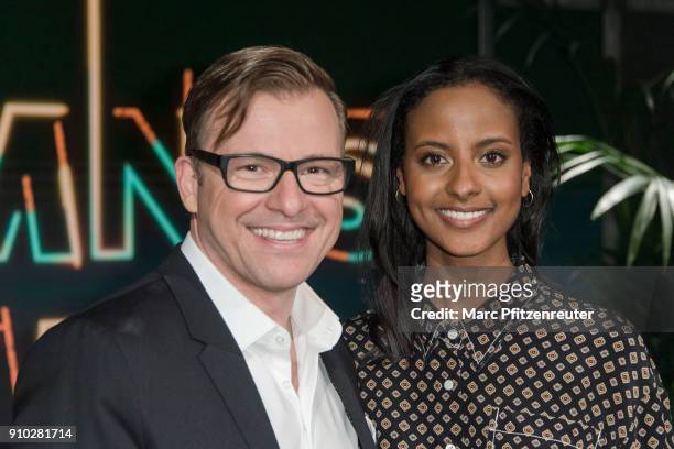 Martin Klempnow and Sara Nuru attend the Geheimniskraemer Photo Call at the WDR Studio on January 25, 2018 in Cologne, Germany.