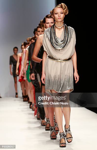 Models walk down the runway at the Amanda Wakeley show during London Fashion Week Spring/Summer 2010 on September 22, 2009 in London, England.