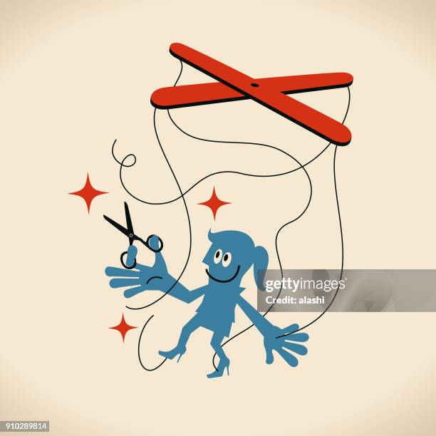 ilustraciones, imágenes clip art, dibujos animados e iconos de stock de sólo ser tú mismo, empresaria usando tijeras para cortar las cuerdas de marioneta a sus manos y pies - hilos