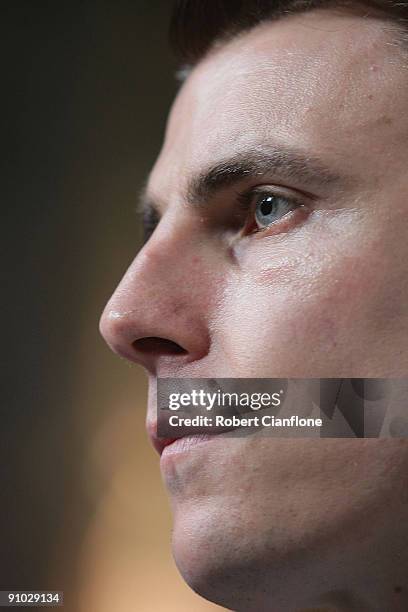 Matthew Lloyd of the Bombers talks to the media as he announces his retirememnt from AFL football at Windy Hill on September 23, 2009 in Melbourne,...