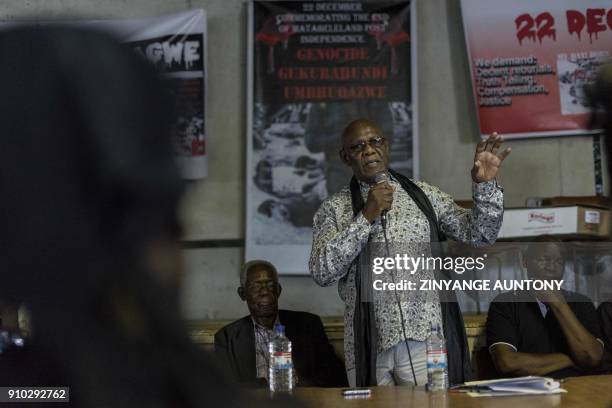 Zimbabwe African People's Union leader Dumiso Dabengwa addresses an audience at an event to commemorate Gukurahundi victims on December 22, 2017 in...