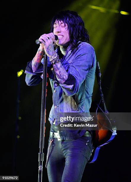 Musician Trace Cyrus of Metro Station performs before the Miley Cyrus "Wonder World" tour at Staples Center on September 22, 2009 in Los Angeles,...