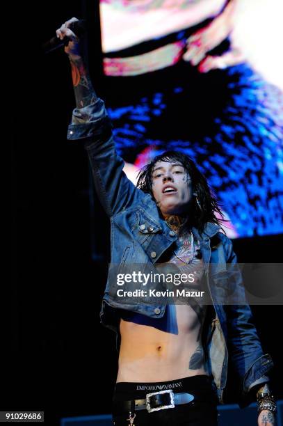 Musician Trace Cyrus of Metro Station performs before the Miley Cyrus "Wonder World" tour at Staples Center on September 22, 2009 in Los Angeles,...