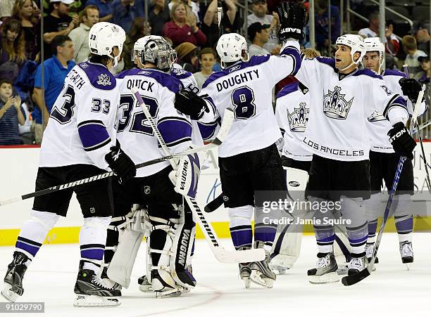 The Los Angeles Kings celebrate after defeating the New York Islanders 4-2 during a preseason game on September 22, 2009 at the Sprint Center in...