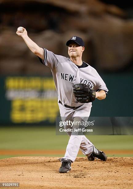 Chad Gaudin of the New York Yankees pitches against the Los Angeles Angels of Anaheim in the first inning at Angel Stadium on September 22, 2009 in...