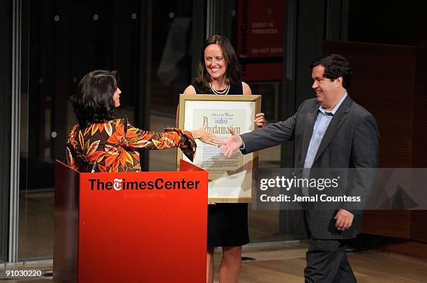 New York Commissioner of the Mayors office on film, Katherine Oliver presents New York Television Festival founder Terrence Grey with a certificate...