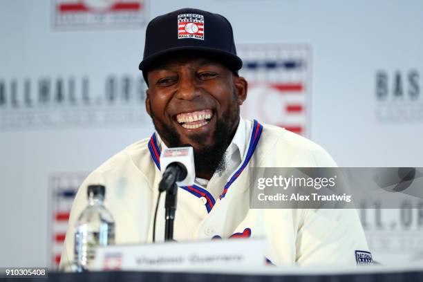 Vladimir Guerrero smiles during the 2018 Baseball Hall of Fame press conference announcing this year's induction class on Thursday, January 25, 2018...