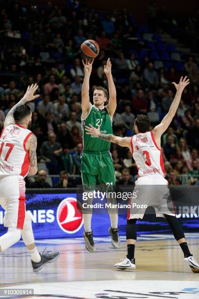 Adam Waczynski, #21 of Unicaja Malaga in action during the 2017/2018 Turkish Airlines EuroLeague Regular Season Round 20 game between Unicaja Malaga...