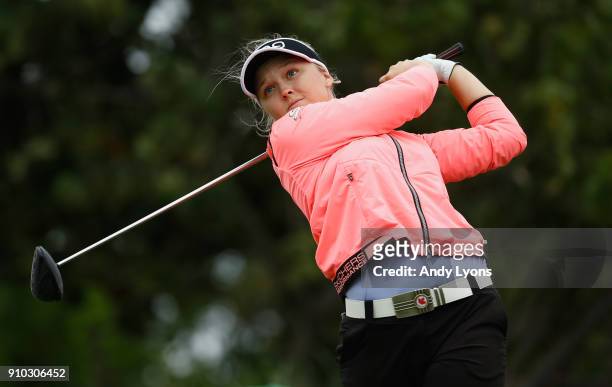 Brooke Henderson of Canada hits her tee shot on the 4th hole during the first round of the Pure Silk Bahamas LPGA Classic at the Ocean Club Golf...