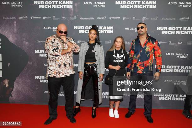 Xatar, Lary, Schwesta Ewa and SSIO attend the 'Nur Gott kann mich richten' Screening at Cubix Alexanderplatz on January 25, 2018 in Berlin, Germany.