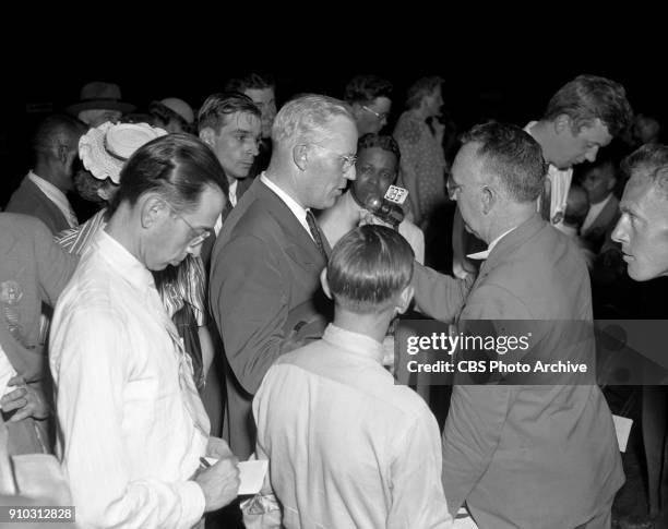 Radio covers the 1944 Republican National Convention, in Chicago, Illinois. June 27, 1944. Governor Earl Warren of California being interviewed by...