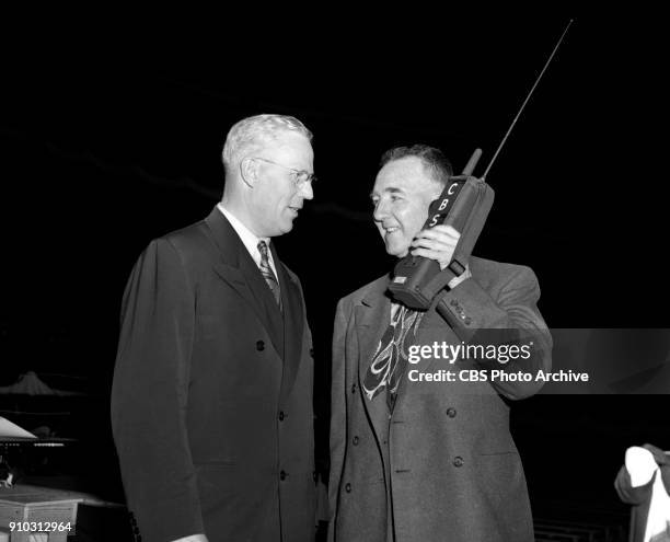 Radio covers the 1944 Republican National Convention, in Chicago, Illinois. From left to right: Governor Earl Warren of California and CBS Radio news...