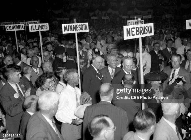 Radio covers the 1944 Republican National Convention, in Chicago, Illinois. June 27, 1944. Governor Earl Warren of California walks to the platform...