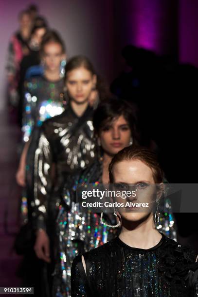 Models walk the runway at the Juan Vidal fashion show during the Mercedes Benz Fashion Week Autumn/Winter 2018 at the Casa de Correos on January 25,...