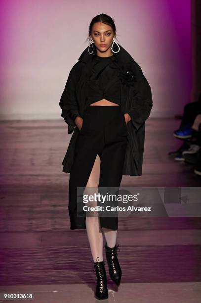 Model walks the runway at the Juan Vidal fashion show during the Mercedes Benz Fashion Week Autumn/Winter 2018 at the Casa de Correos on January 25,...