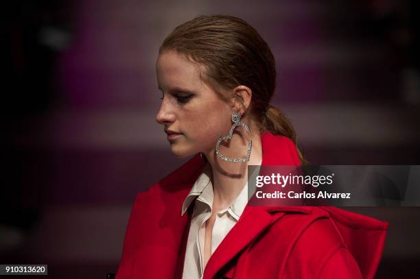 Model walks the runway at the Juan Vidal fashion show during the Mercedes Benz Fashion Week Autumn/Winter 2018 at the Casa de Correos on January 25,...