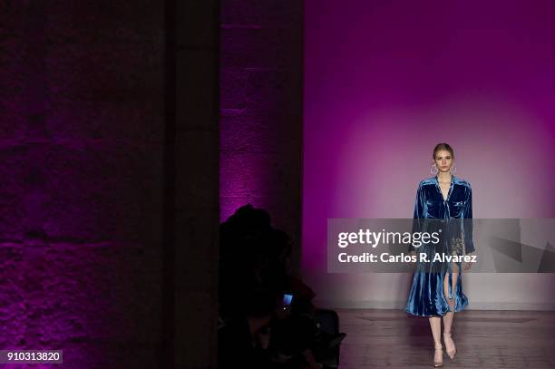 Model walks the runway at the Juan Vidal fashion show during the Mercedes Benz Fashion Week Autumn/Winter 2018 at the Casa de Correos on January 25,...