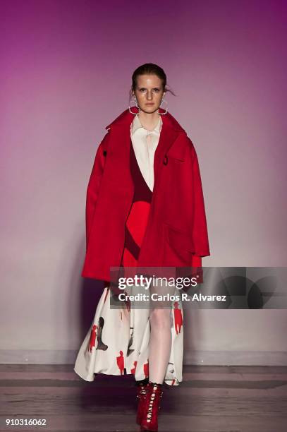 Model walks the runway at the Juan Vidal fashion show during the Mercedes Benz Fashion Week Autumn/Winter 2018 at the Casa de Correos on January 25,...