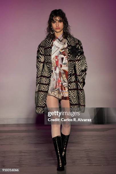 Model walks the runway at the Juan Vidal fashion show during the Mercedes Benz Fashion Week Autumn/Winter 2018 at the Casa de Correos on January 25,...