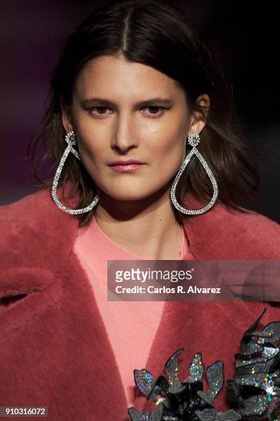 Model walks the runway at the Juan Vidal fashion show during the Mercedes Benz Fashion Week Autumn/Winter 2018 at the Casa de Correos on January 25,...