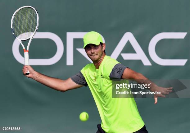 Dennis Novikov in action during a match against Reilly Opelka during the Oracle Challenger Series tournament played on January 25, 2018 at the...