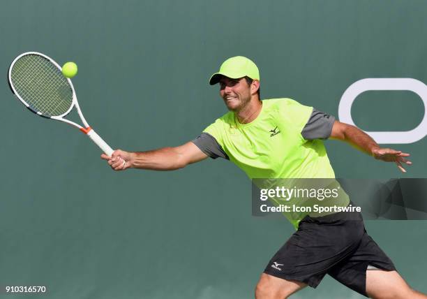 Dennis Novikov in action during a match against Reilly Opelka during the Oracle Challenger Series tournament played on January 25, 2018 at the...