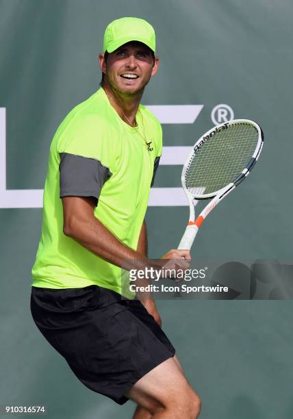 Dennis Novikov in action during a match against Reilly Opelka during the Oracle Challenger Series tournament played on January 25, 2018 at the...