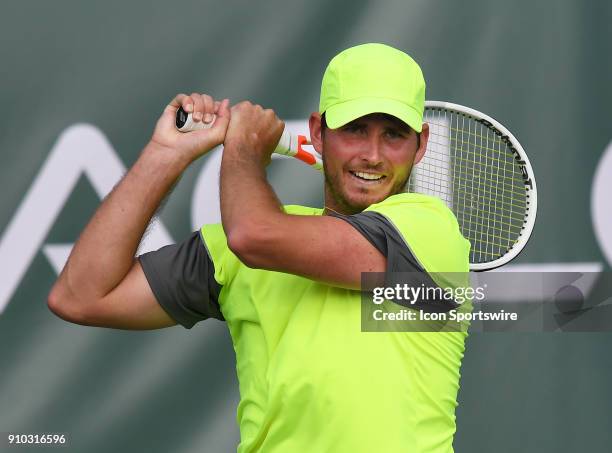 Dennis Novikov in action during a match against Reilly Opelka during the Oracle Challenger Series tournament played on January 25, 2018 at the...