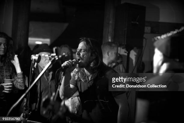 Lukas Nelson of the rock and roll band "Lukas Nelson and the Promise of the Real" performs onstage at a houseparty on November 29, 2013 in Topanga,...