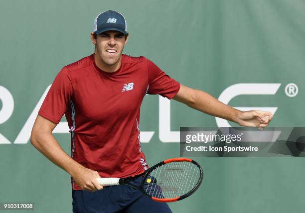 Reilly Opelka on the move during a match against Dennis Novikov during the Oracle Challenger Series tournament played on January 25, 2018 at the...