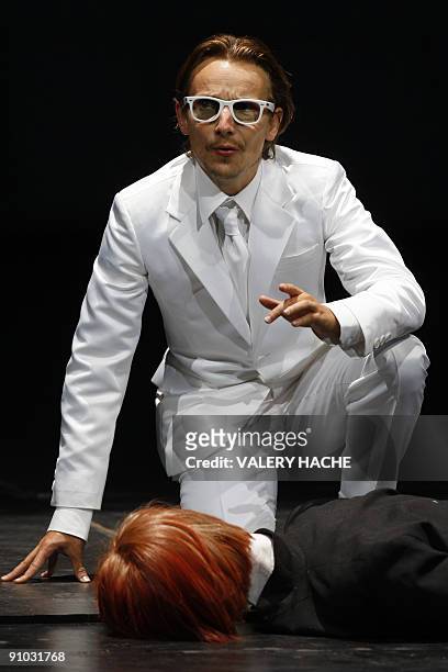 French actor Lorant Deutsch performs as the 32-year-old French ex-trader Jerome Kerviel on September 21, 2009 at the Theatre National de Nice, in...
