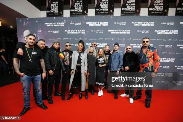 Groupshot of the cast and crew during the 'Nur Gott kann mich richten' Screening at Cubix Alexanderplatz on January 25, 2018 in Berlin, Germany.