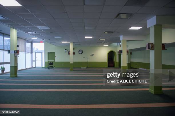 The prayer room of the Islamic Cultural Center of Quebec is pictured in Quebec City on January 12 where at 7:55 p.m. Sunday, January 29 with a rifle...