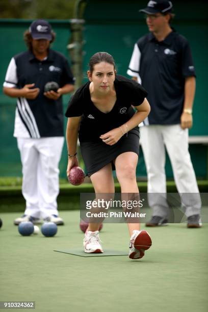 Tayla Bruce plays a bowl during the New Zealand Commonwealth Games Bowls Squad Announcement at the Mt Eden Bowling Club on January 26, 2018 in...