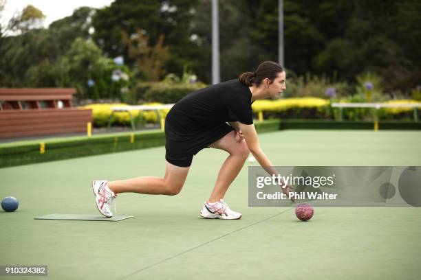 Tayla Bruce plays a bowl during the New Zealand Commonwealth Games Bowls Squad Announcement at the Mt Eden Bowling Club on January 26, 2018 in...