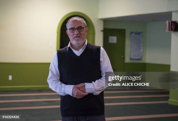 Mohamed Labidi, president of the Islamic Cultural Center of Quebec, stands inside the prayer room in Quebec City on January 12, 2018 where an attack...