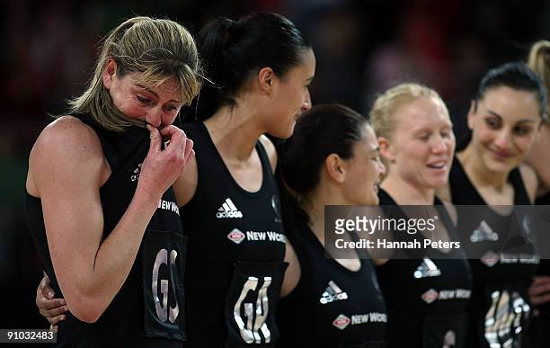 Irene van Dyk of the Silver Ferns cries after running on for her 100th test during the fifth Test between the New Zealand Silver Ferns and the...