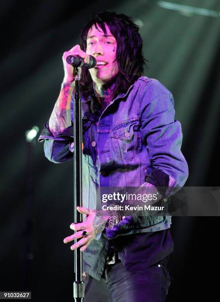 Musician Trace Cyrus of Metro Station performs before the Miley Cyrus "Wonder World" tour at Staples Center on September 22, 2009 in Los Angeles,...