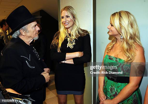 Singer-songwriters Merle Haggard, recipient of the Poet's Award, Hank Williams Jr.'s daughter Holly Williams, and Miranda Lambert backstage during...