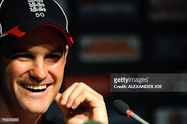 England's cricket captin Andrew Strauss attends a press conference in Johannesburg on September 23, 2009. England are playing in the ICC Champions...