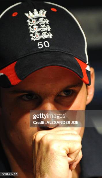 England's cricket captin Andrew Strauss attends a press conference in Johannesburg on September 23, 2009. England are playing in the ICC Champions...