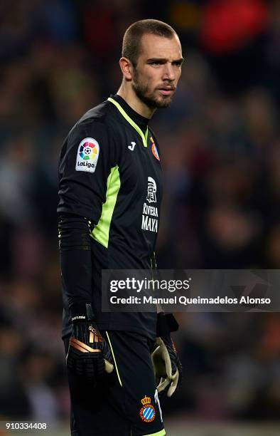 Pau Lopez of Espanyol looks on during the Spanish Copa del Rey Quarter Final Second Leg match between Barcelona and Espanyol at Camp Nou on January...